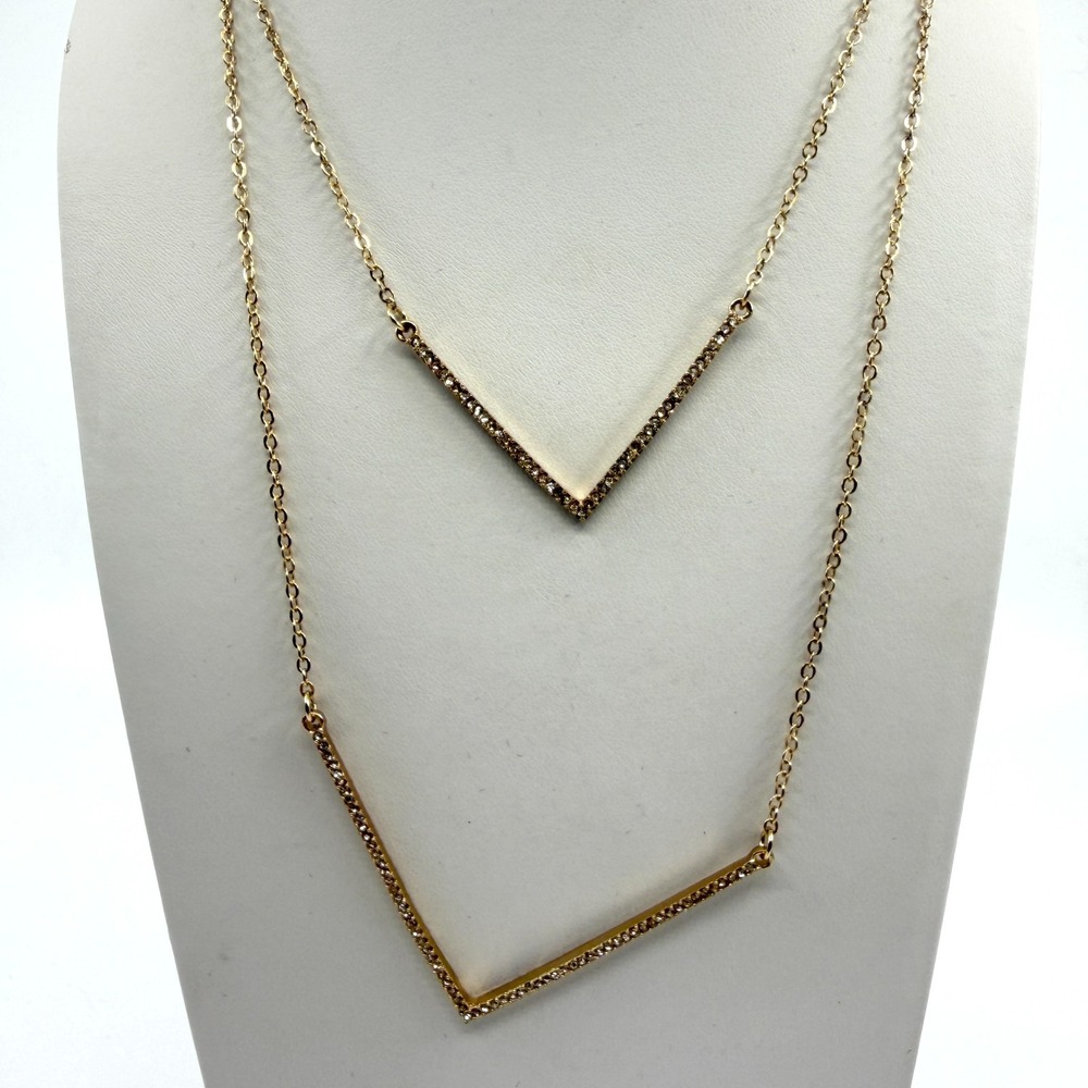 Gold Tone Double Layer V Bar Necklace Pave Crystal Minimalist Statement Gift